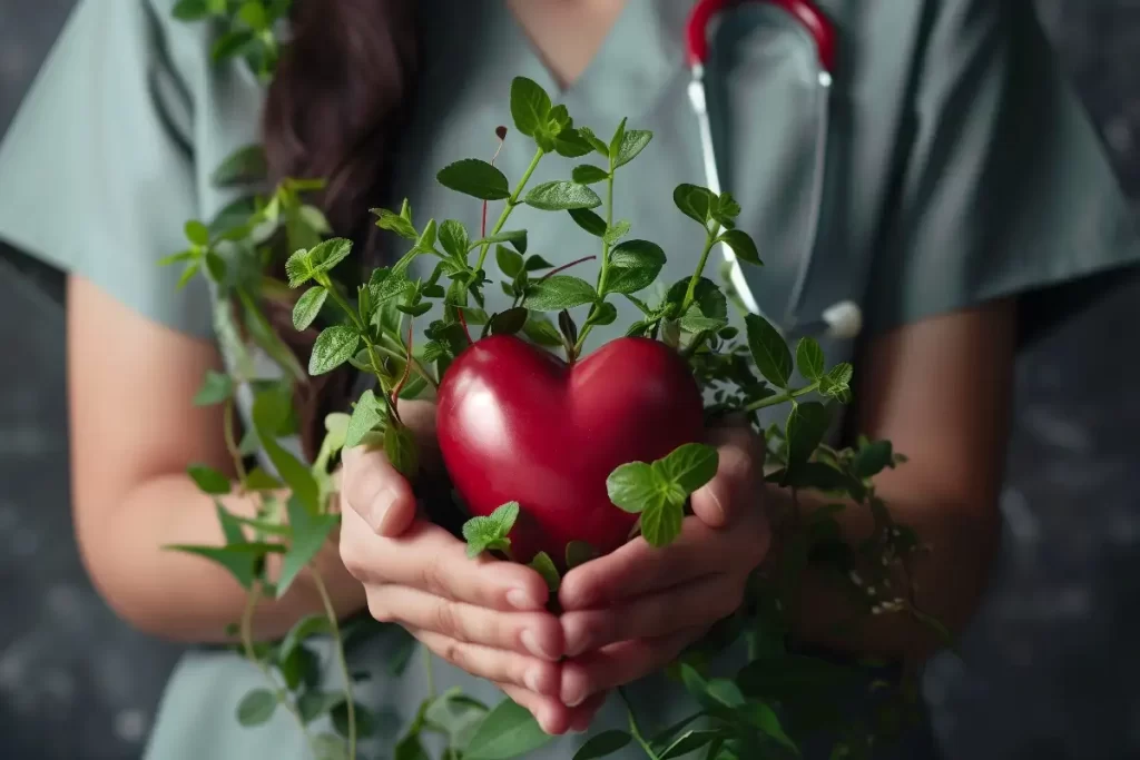 Integrative Medicine Hero image showing a healthcare provider holding a red heart with plants growing out of it