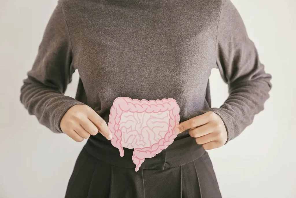 Gut Microbiome Hero image showing a person holding an illustration of intestines in front of them